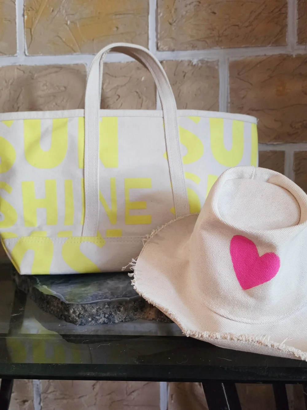 Kerri Rosenthal  Large Canvas Tote with Yellow Heart Accent And Canvas Hat